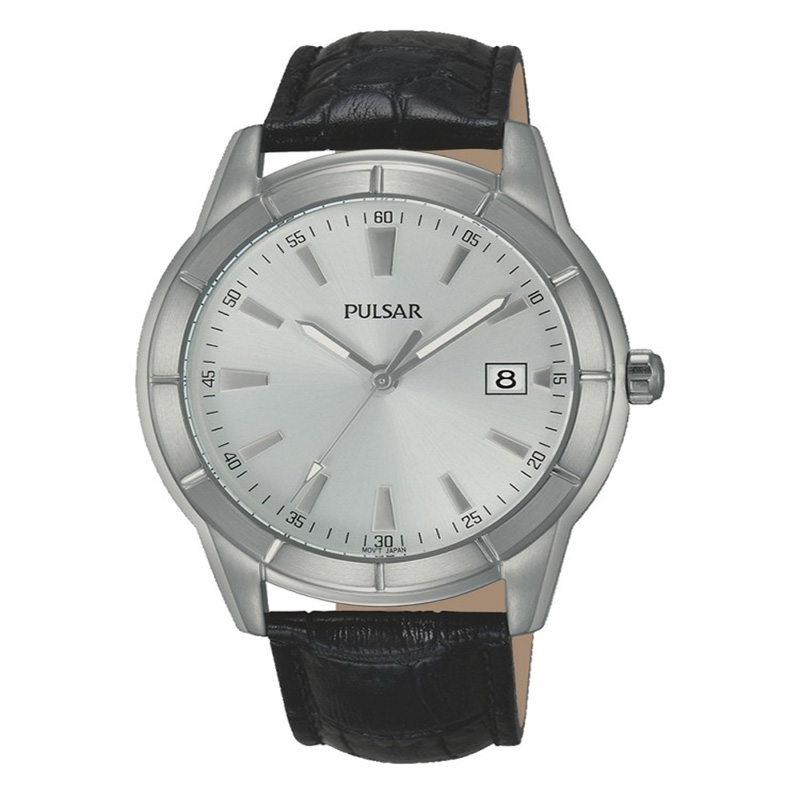 Men Leather Strap Silver Dial Watch