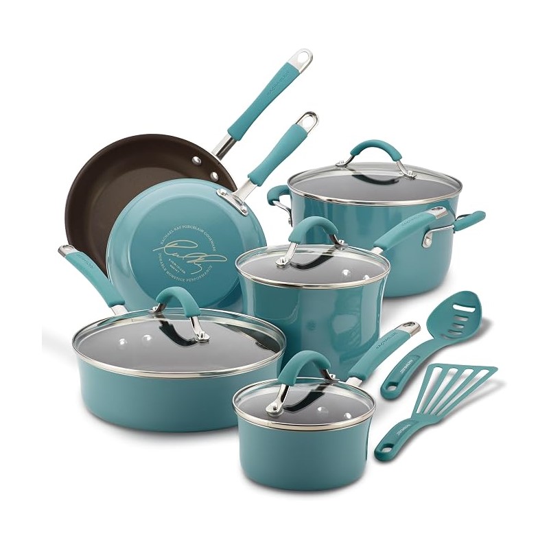 12 - Piece Cucina Hard Porcelain Enamel Nonstick Cookware Set - (Agave Blue)