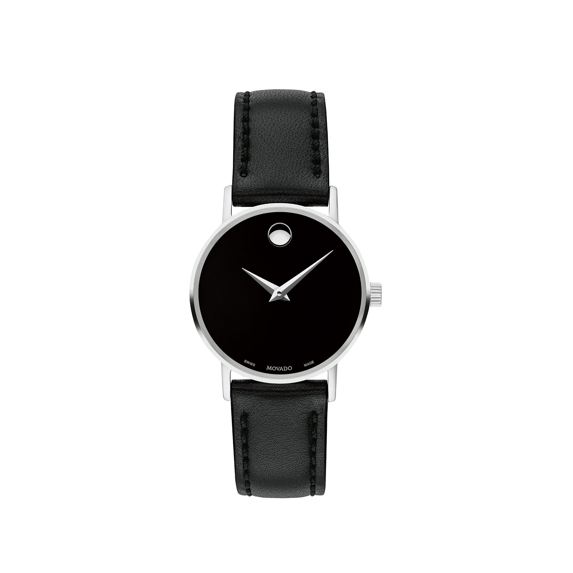 Ladies' Classic Museum Silver & Black Leather Strap Watch, Black Dial