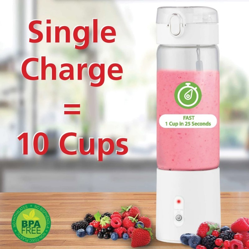 17Ounce Portable Glass White Blender Battery Operated USB