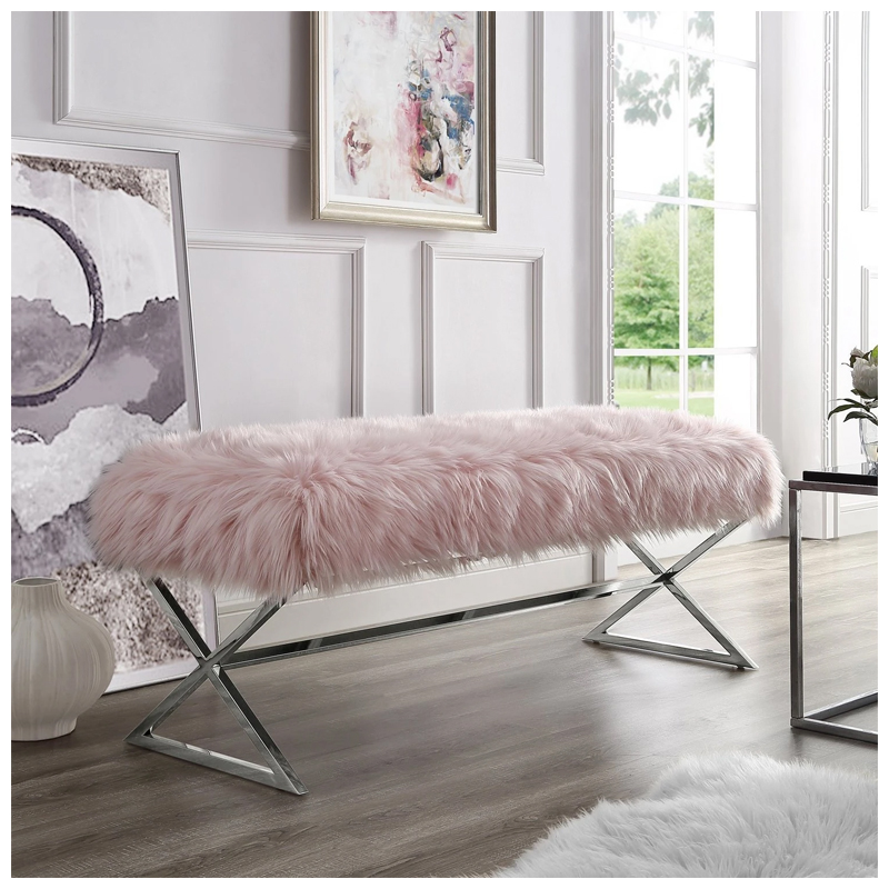 Aurora Faux Fur X-Leg Chrome Base Bench - (Rose)