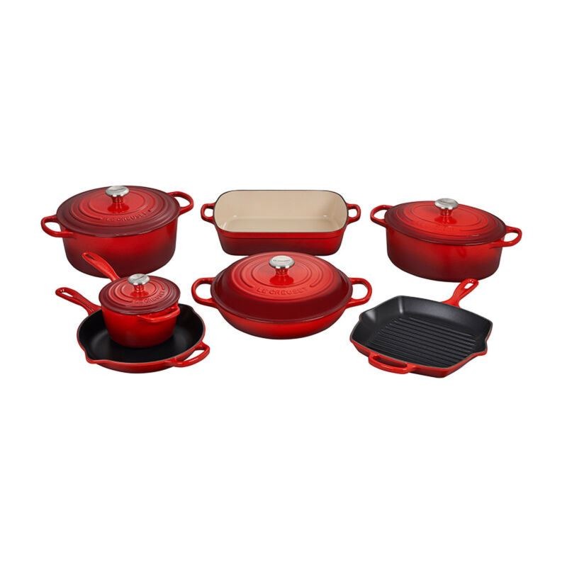 11pc Signature Cast Iron Ultimate Cookware Set Cerise