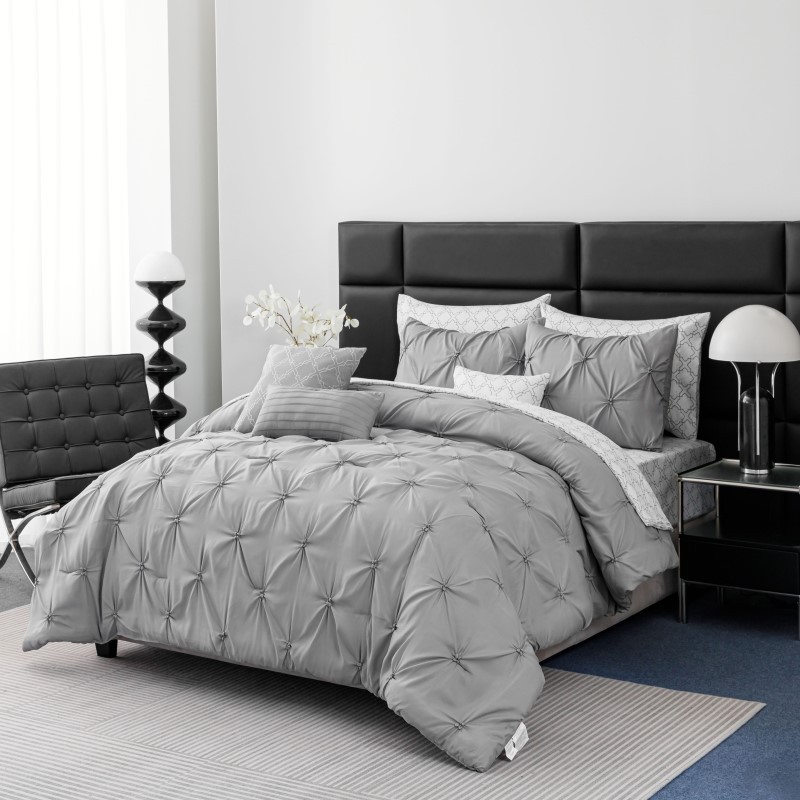 Full Grey 10Pc Pintuck Bed In A Bag Set