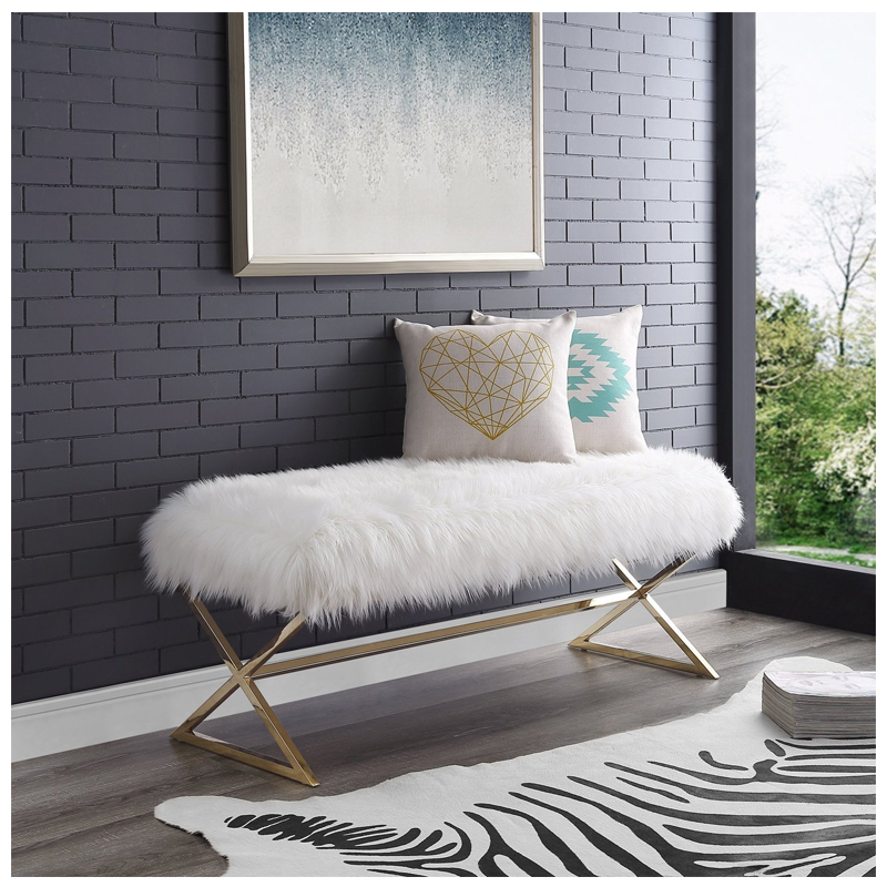 Aurora Faux Fur X-Leg Gold Base Bench - (White)