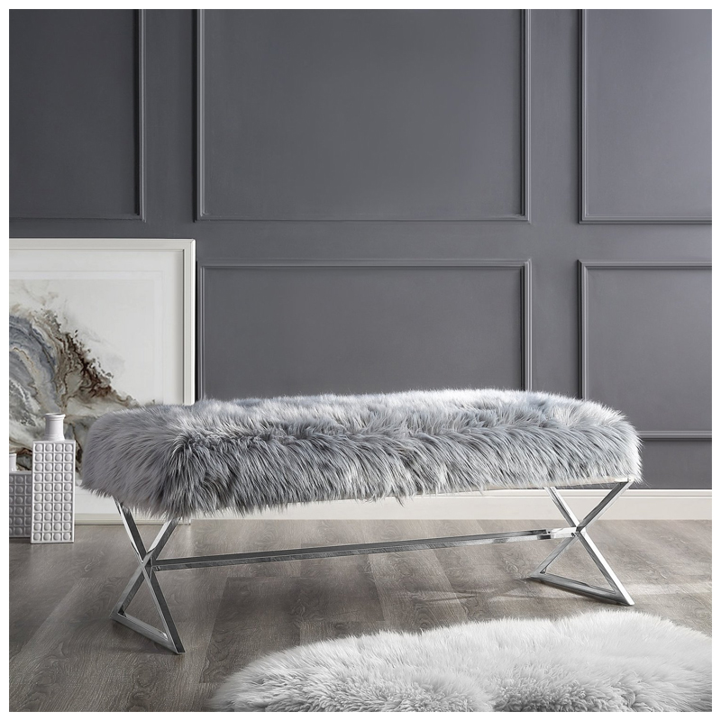 Aurora Faux Fur X-Leg Chrome Base Bench - (Grey)