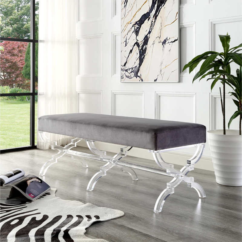 Giselle Velvet Acrylic X-Leg Bench - (Grey)