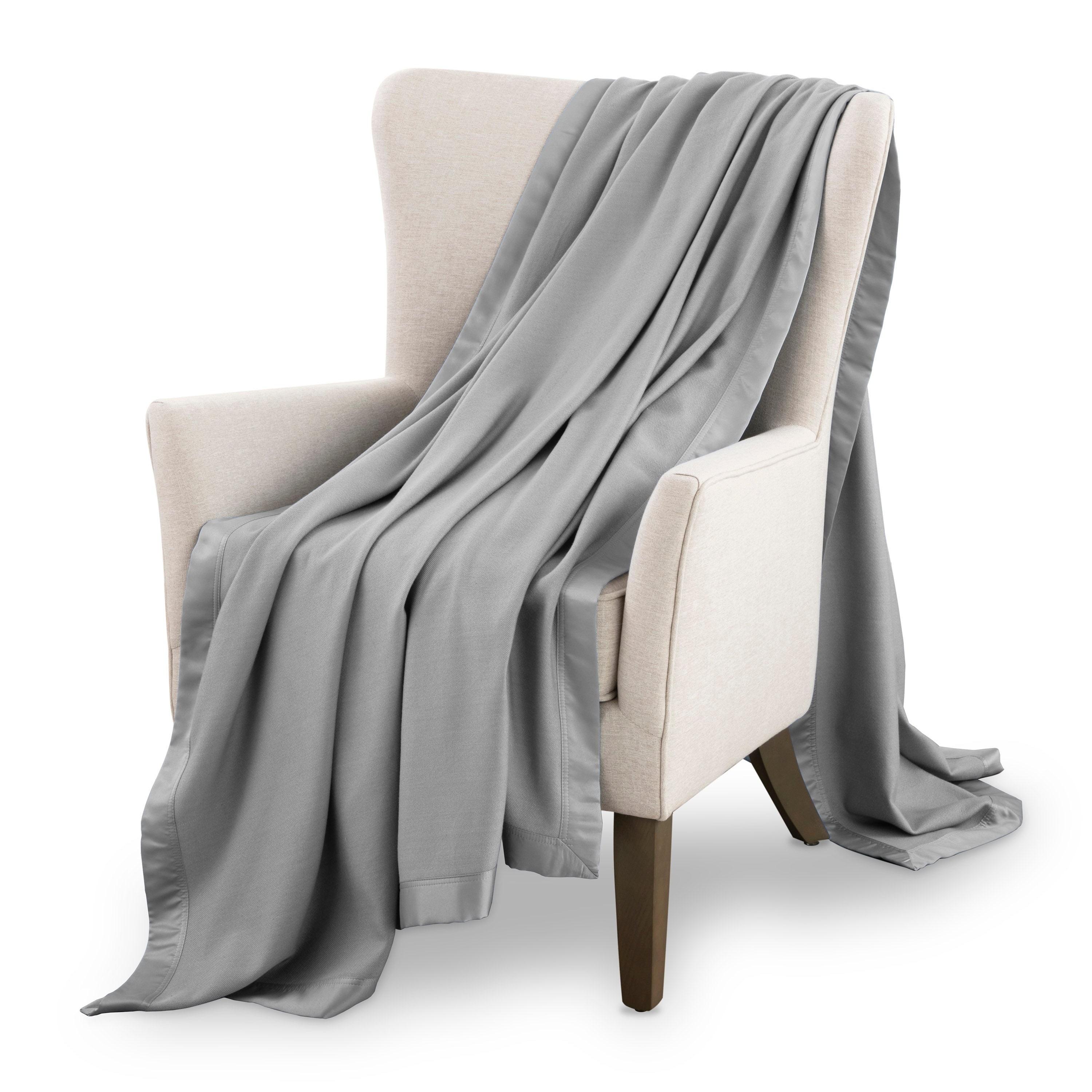 Tencel Oversized Cotton & Satin Trim Throw Blanket Gray