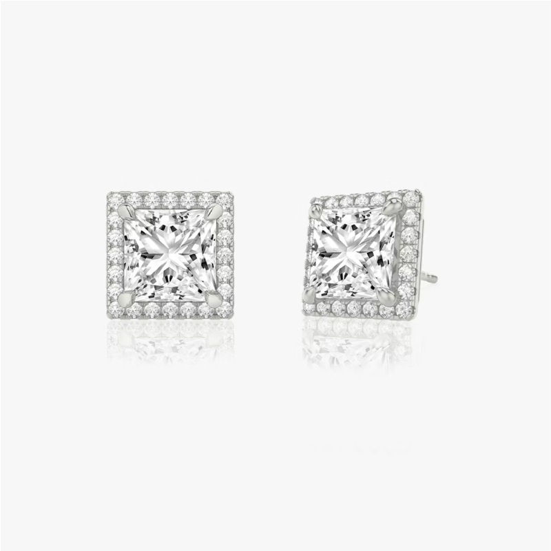 Princess cut & Round  Earrings in 14K White Gold