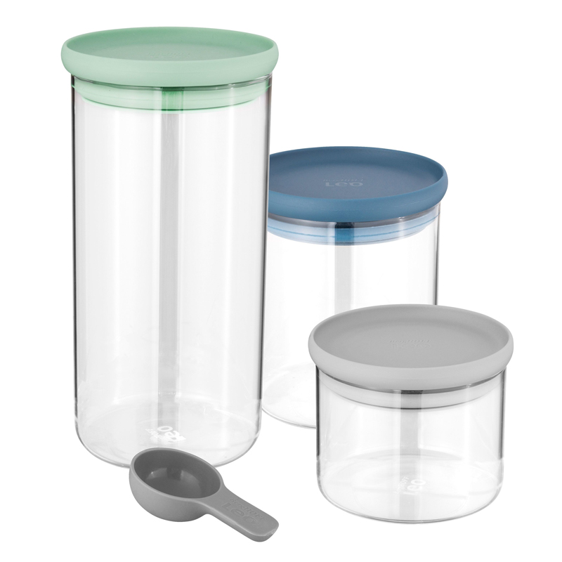 3 - Piece Leo Glass Food Container Set - (Green) - (Blue) - (Grey)