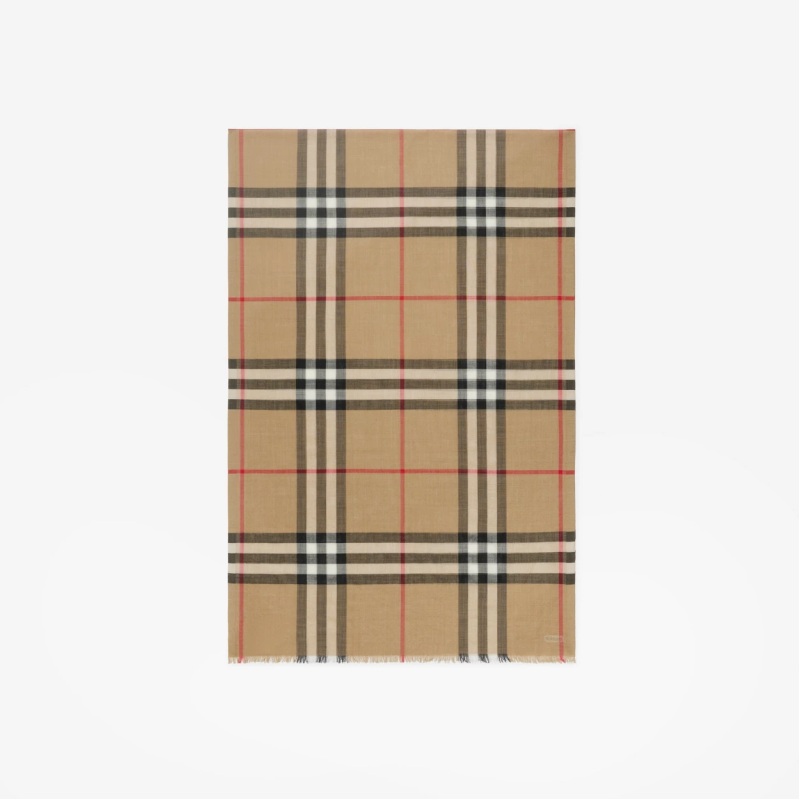 Wide Check Wool Silk Scarf Archive Beige