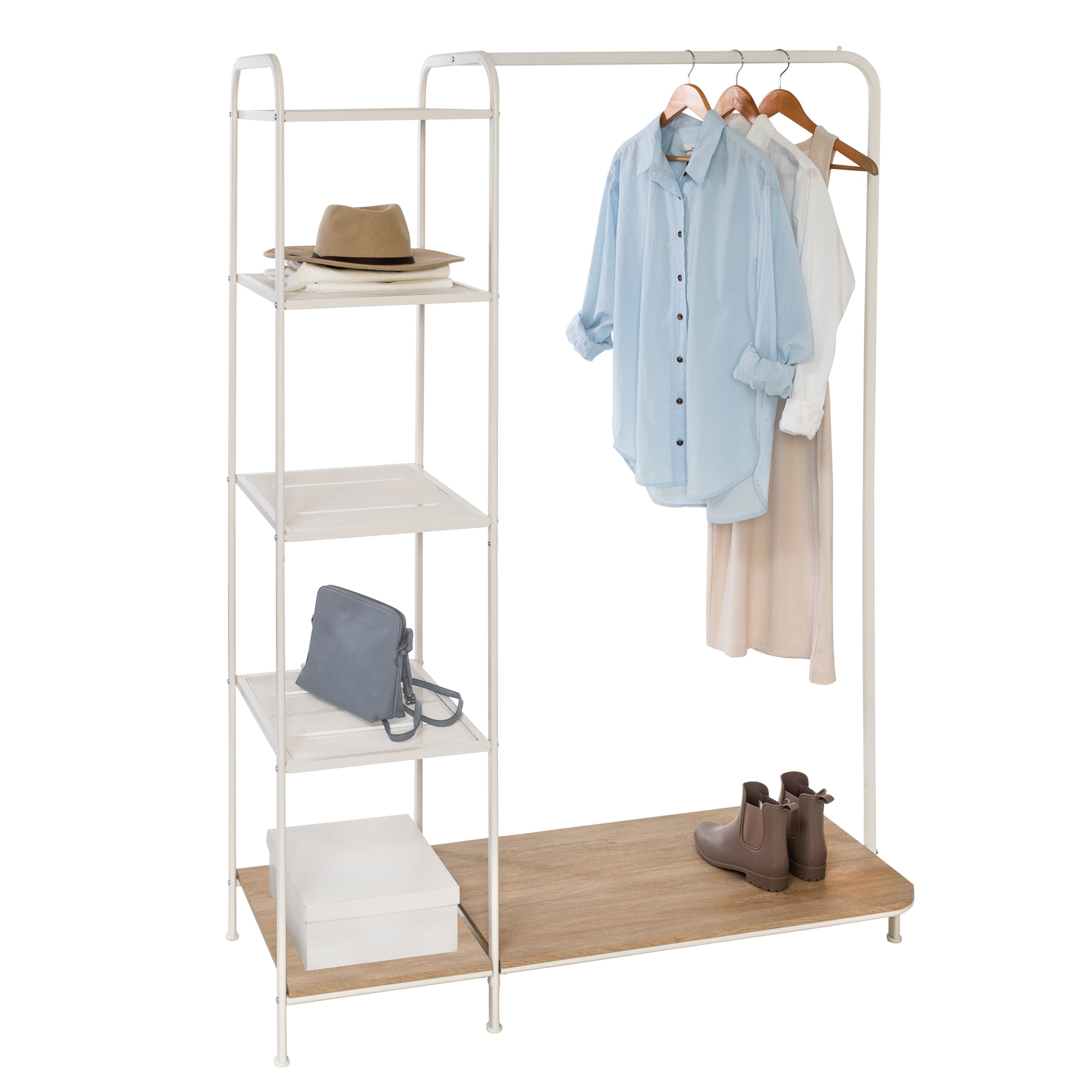 Freestanding Metal Clothing Rack w/ 4 Shelves White/Ash