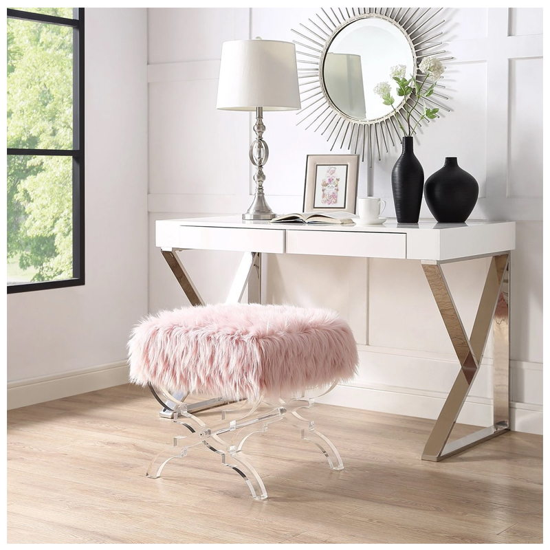 Giselle Faux Fur Acrylic X-Leg Ottoman - (Rose Pink)