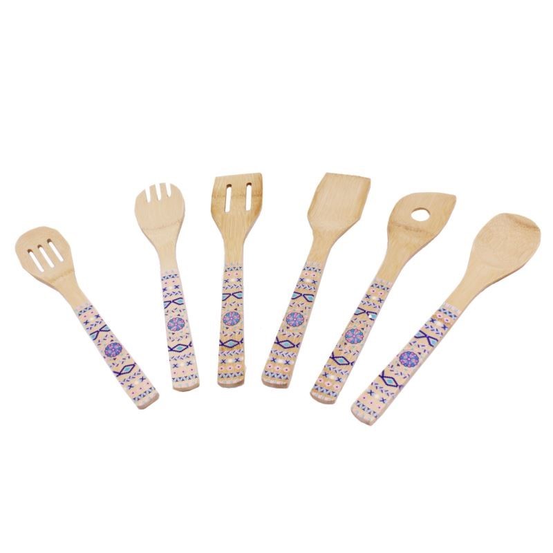 Patterned Bamboo 6pc Utensil Set, blue/orange
