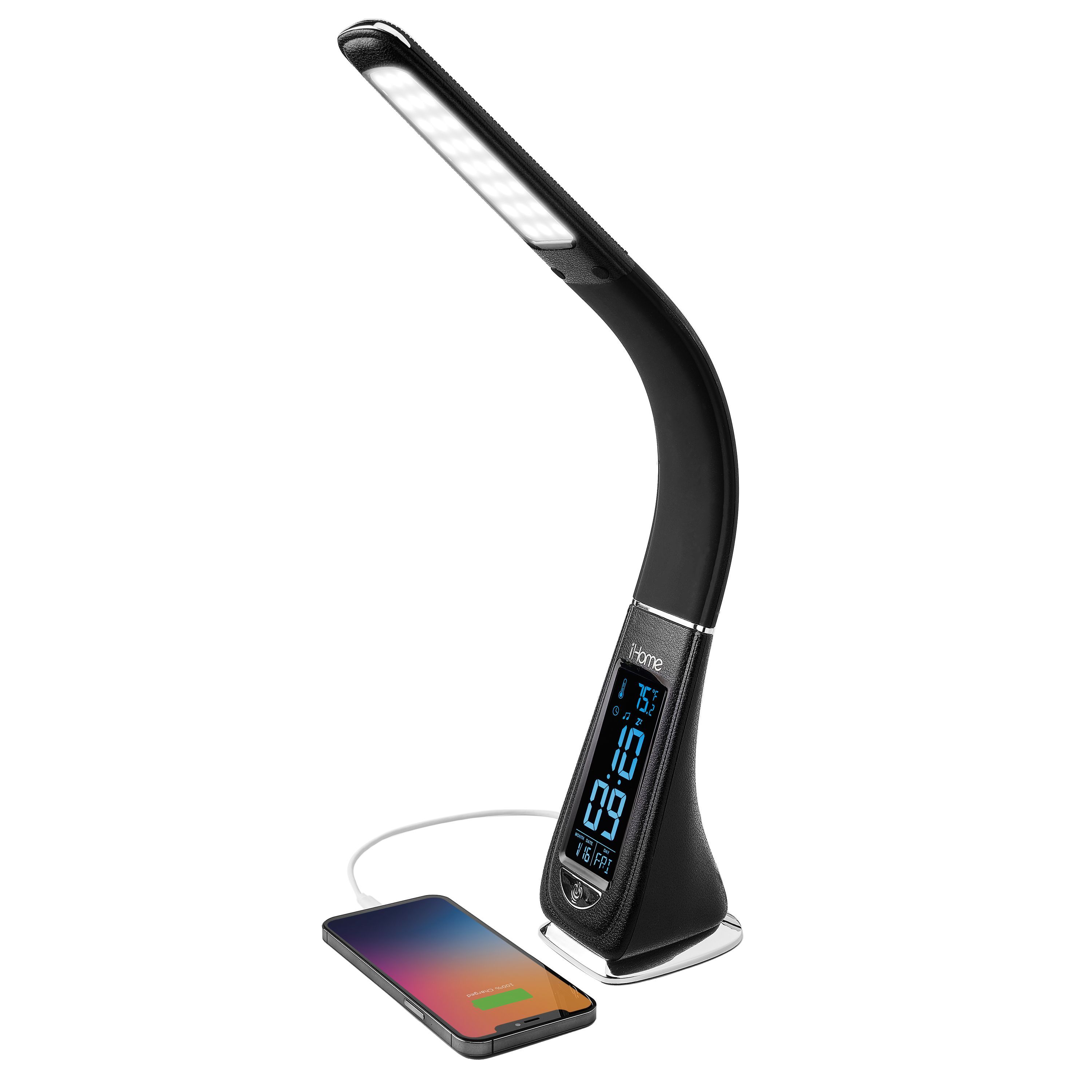 iHome POWERLIGHT FLEX Foldable LED Lamp with USB Charging and Alarm Clock, Black