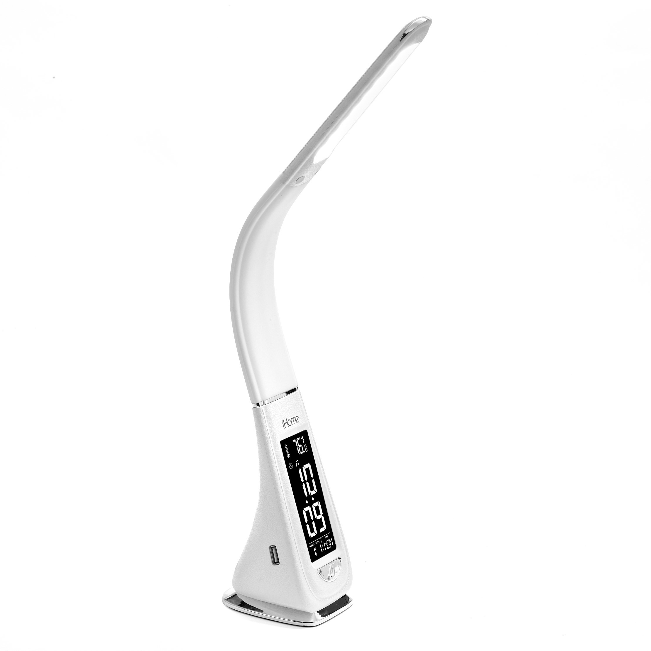 iHome POWERLIGHT FLEX Foldable LED Lamp with USB Charging and Alarm Clock, White