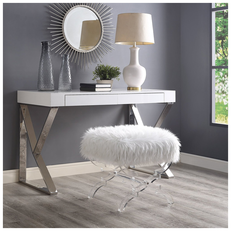 Giselle Faux Fur Acrylic X-Leg Ottoman - (White)