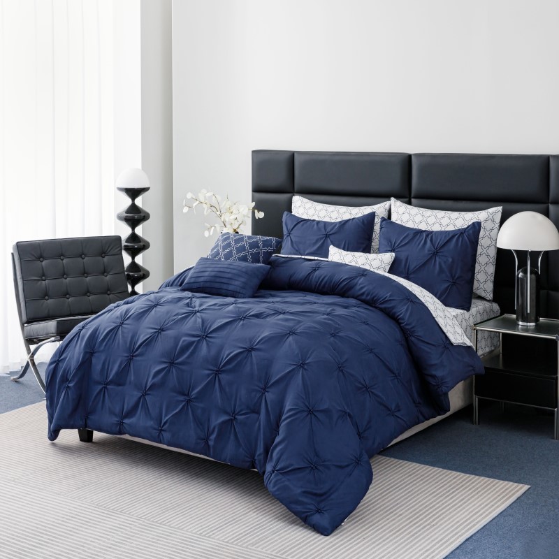 Queen Navy 10Pc Pintuck Bed In A Bag Set