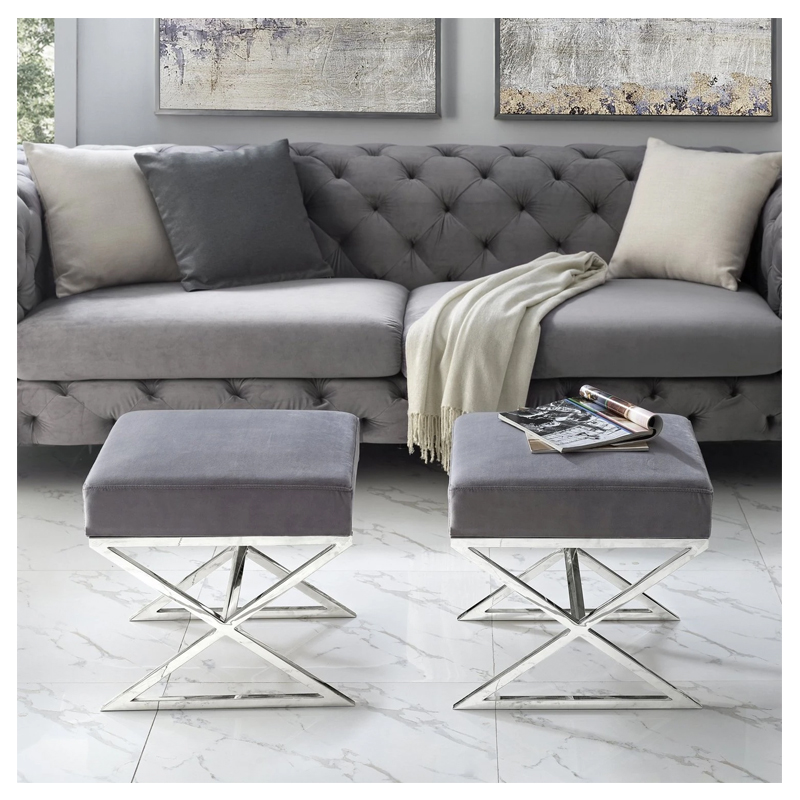 Aurora Velvet X-Leg Chrome Base Ottoman - (Grey)
