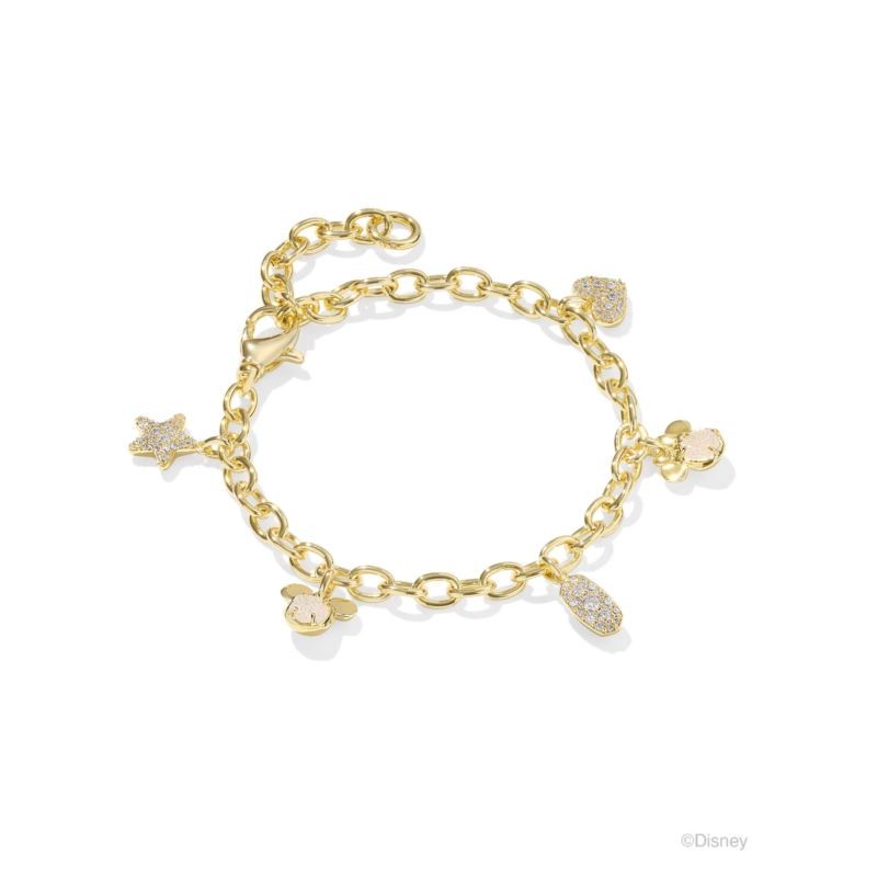 Disney Gold Mickey and Minnie Mouse Charm Bracelet in Iridescent White Mix