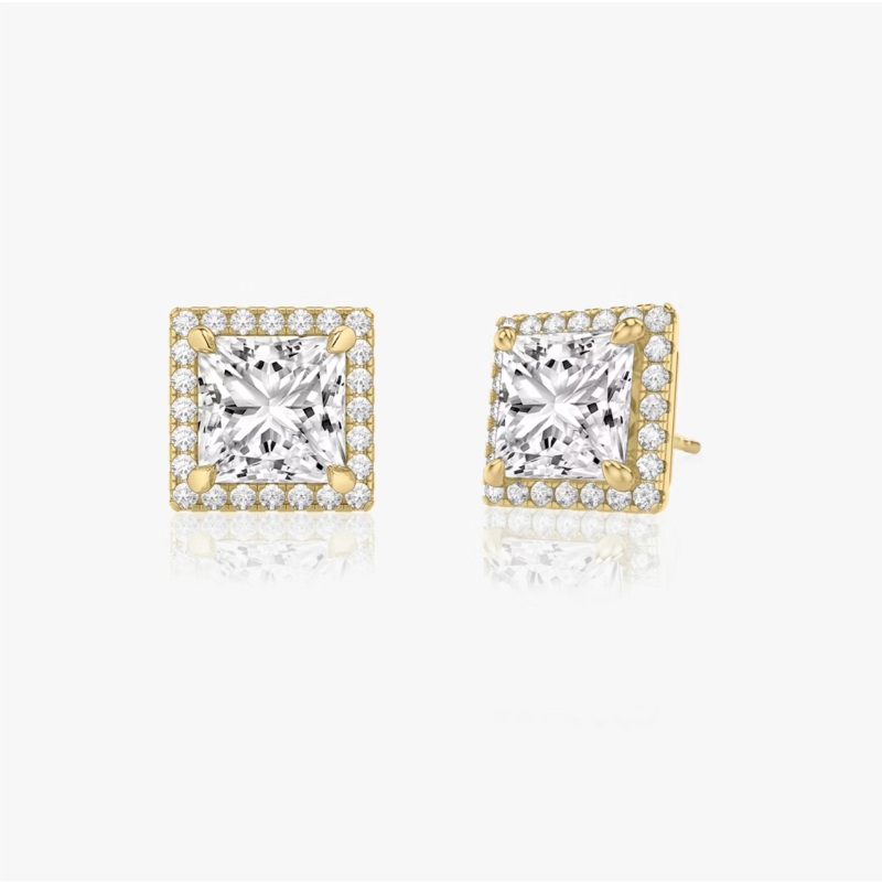 Princess cut & Round Earrings in 14K Yellow Gold