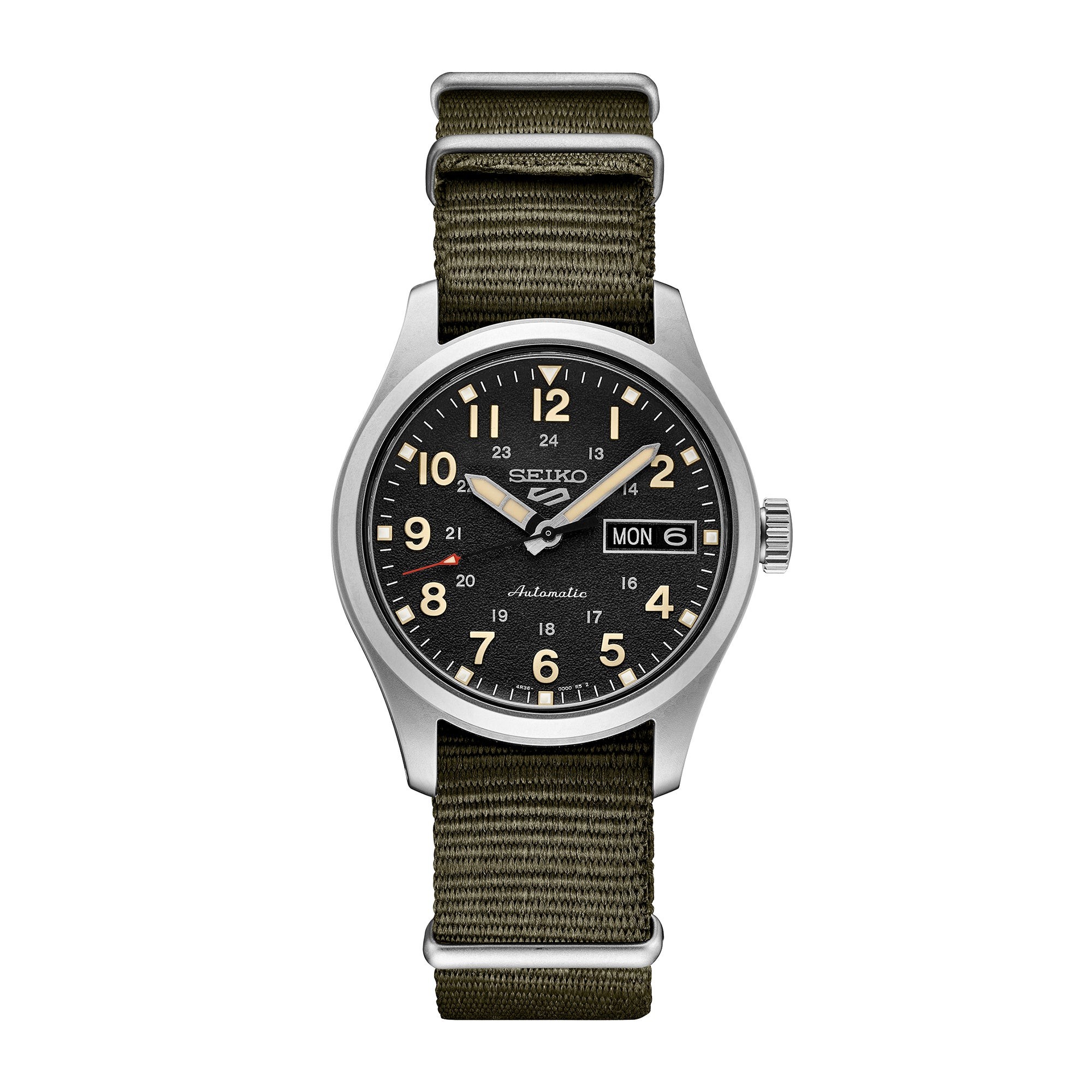 Men's Seiko 5 Sport Automatic Silver & Olive Green Nylon Strap Watch, Black Dial