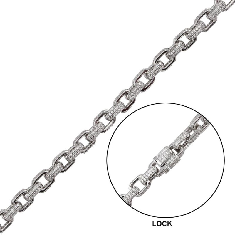 Mens Rhodium Plated Encrusted Micro Pave Link Bracelet - (Sterling Silver)