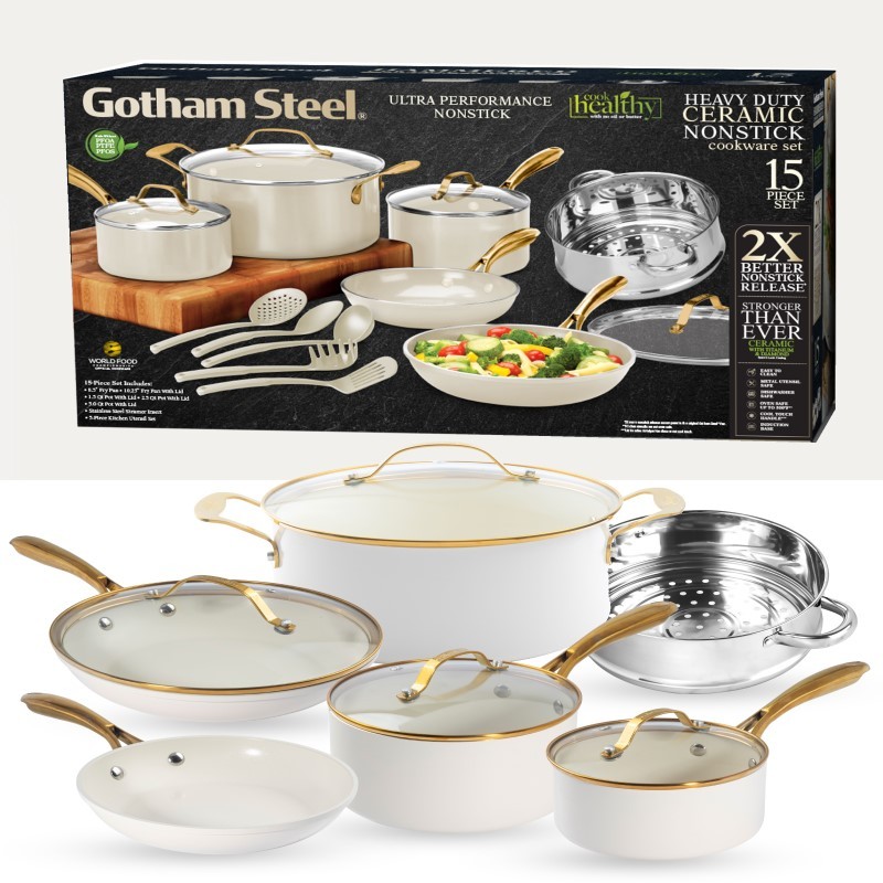 15 Piece Cream Ultra Nonstick Ceramic Cookware Set