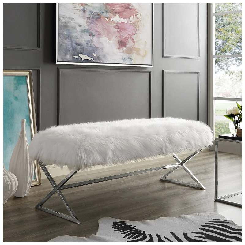 Aurora Faux Fur X-Leg Chrome Base Bench - (White)