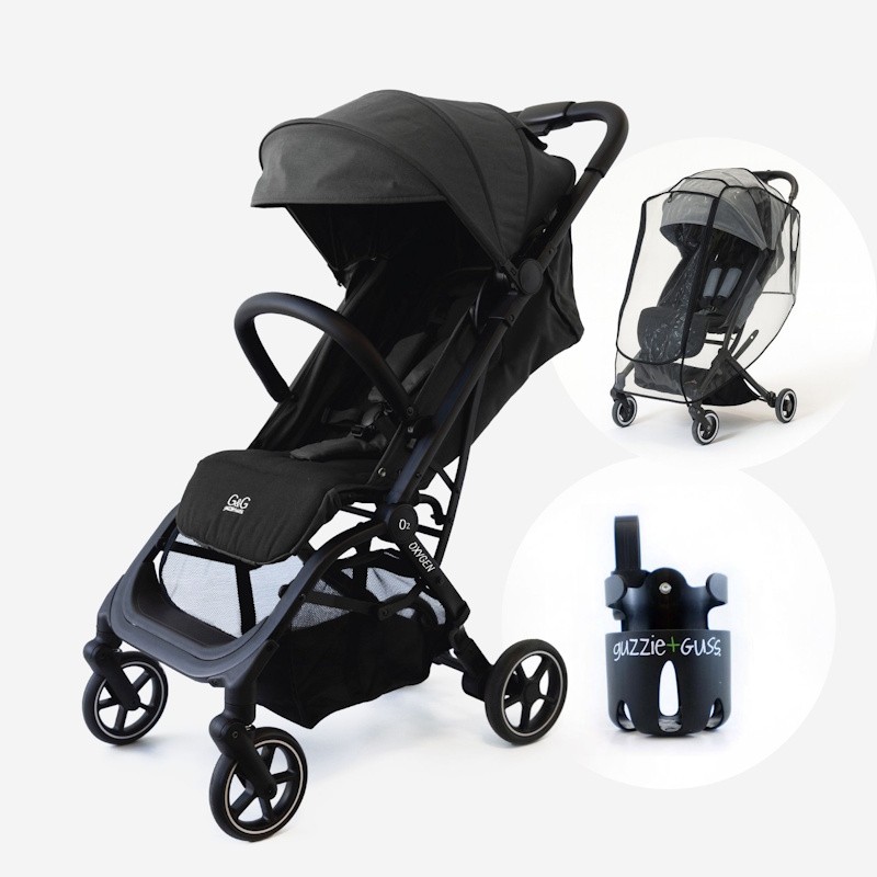 Oxygen V2 Lightweight Stroller Raven with Universal Stroller Rain Cover & Universal Cup Holder
