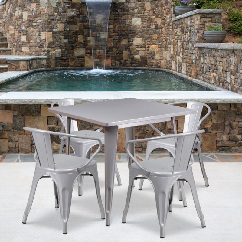 31.5 - Inch Square Silver Metal Indoor-Outdoor Table Set with 4 Arm Chairs