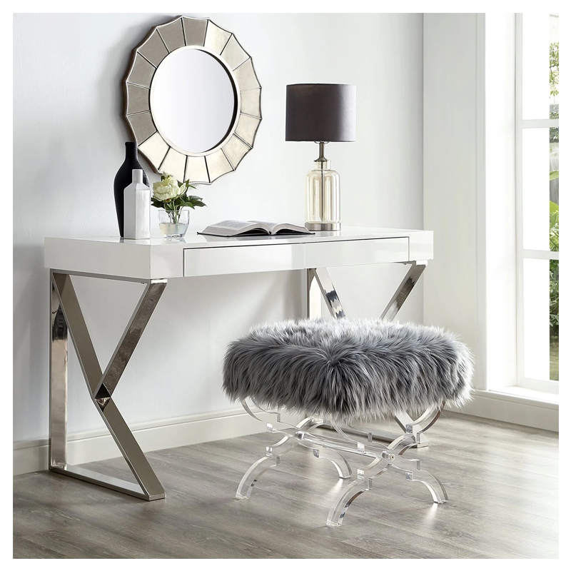Giselle Faux Fur Acrylic X-Leg Ottoman - (Grey)