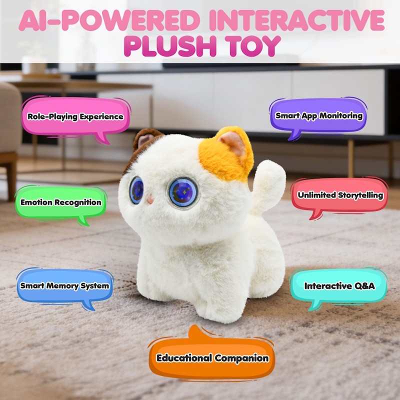 White AI Talking Plush Cat Companion for Kids
