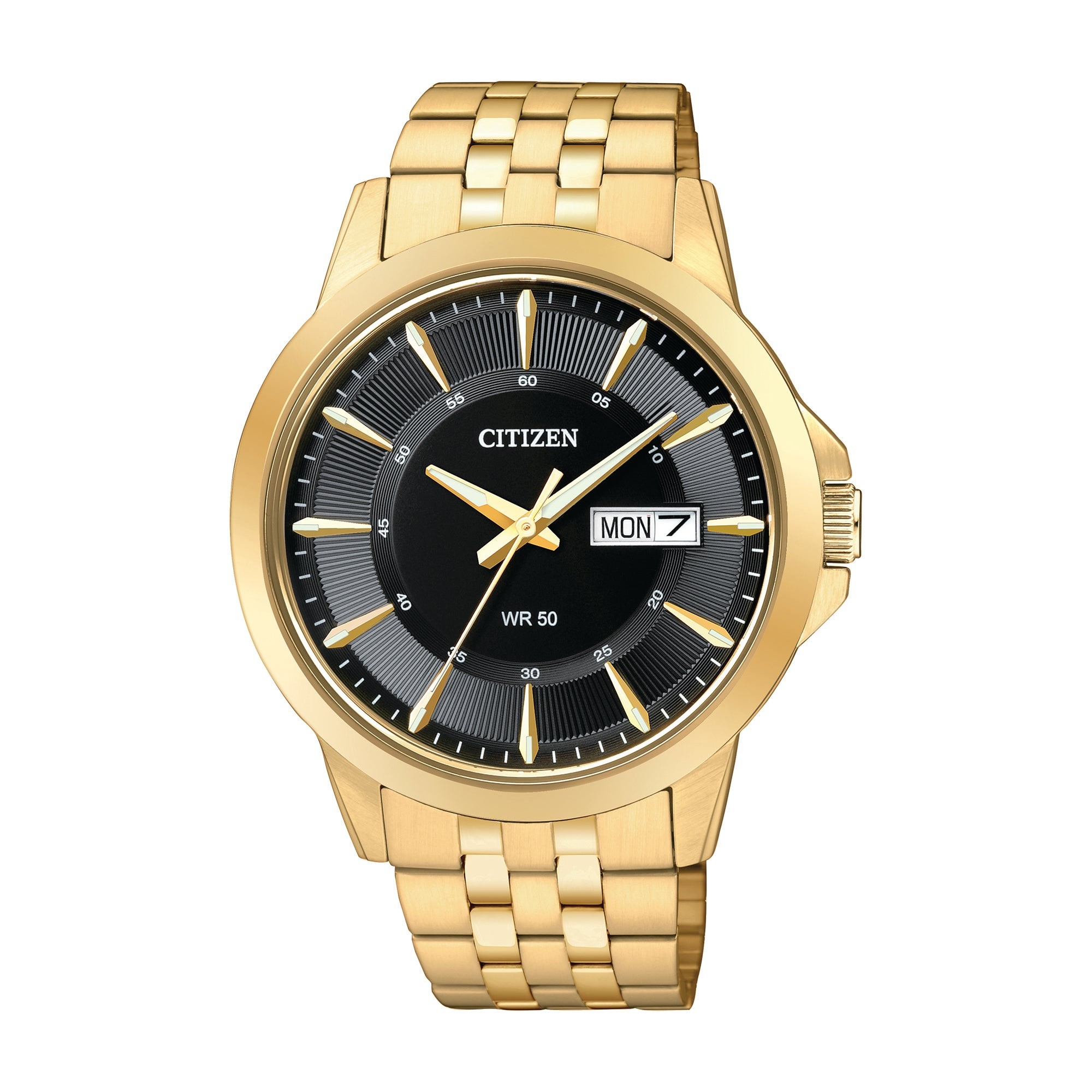 Mens Quartz Gold-Tone Stainless Steel Watch Black Dial