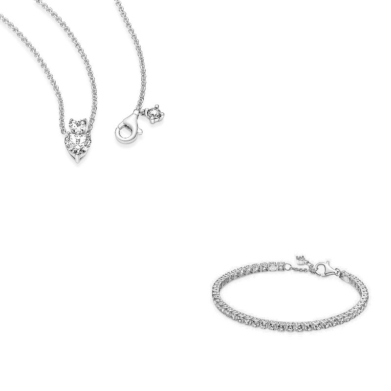 Tennis bracelet - Double Heart Pendant Sparkling Collier Necklace