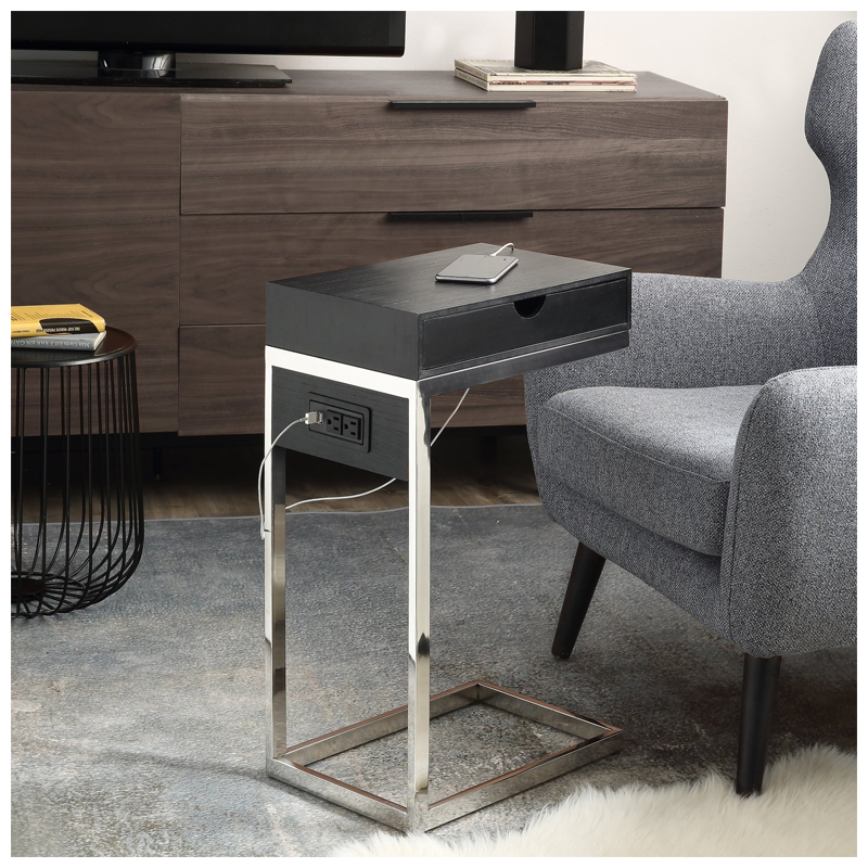 Adorna Chrome Base C Table with Drawer Includes USB and Plug - (Black Chrome)