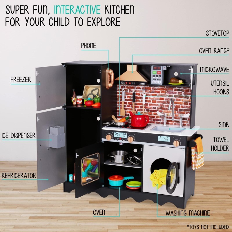 Large Kids Kitchen Set, Wooden Pretend Play Kitchen with Sounds & Accessories - Charcoal