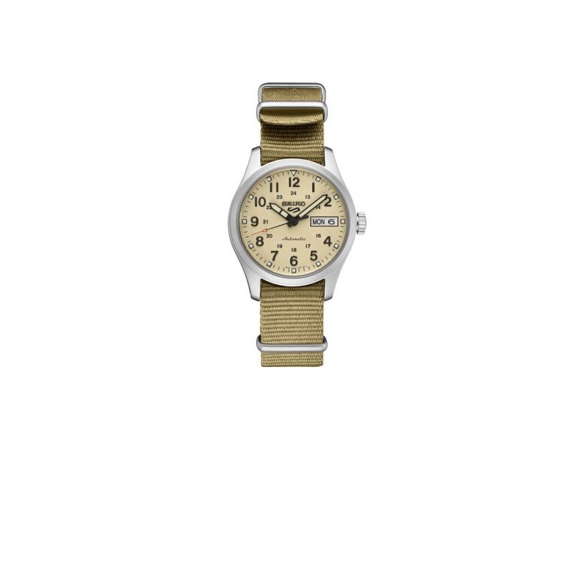 Seiko 5 Sports SS Automatic Beige Dial Mid-Size, Field style, Dark khaki fabric Nato strap